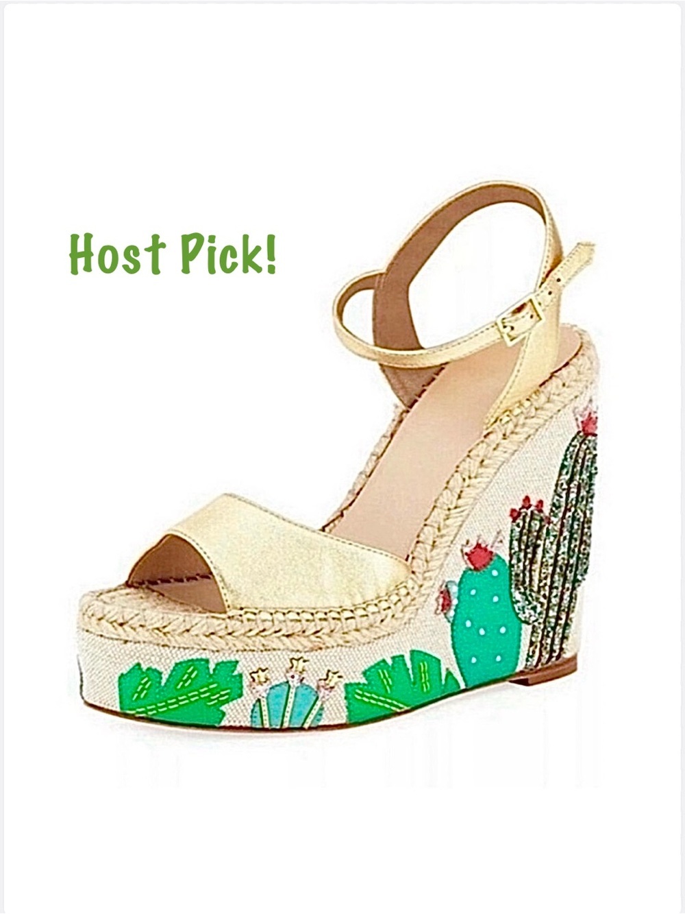 KATE SPADE ~ Gold Wedge 5” Heel Espadrilles Retired Cactus Scene Appliqué